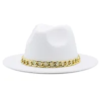 Geschikte rand hoeden winter vrouwen fedora hoed met gedraaide gouden ketting brede herfst voelde Panama jazz wit zwart kleur origineel ontwerp