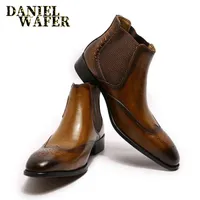 Luxe Chelsea laarzen lederen heren enkel hoogwaardige slip op gesp band wingtip bruin zwarte schoenen Basic mannen 211216