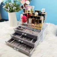 Jewelry Storage Box Cosmetic Organizer Lipstick Holder Earrings Necklace Watch Display Stand Velvet Drawer Transparent Acrylic X0703