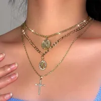 Diseñador de lujo Joyería Punk Religioso Virgen María Moneda Colgante Colgante Collar Conjunto para mujeres Golden Multilayered Crystal Cross Cadenas Largas Joyas