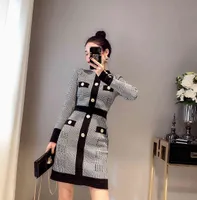 women&#039;s Casual Dresses o-neck single breasted long sleeve houndstooth grid knitted pencil dress bodycon slim waist dress SMLXL