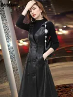 Nerazzurri Yaz Uzun Siyah PU Deri Elbise Kadınlar Strap Midi Faux Deri Elbiseler Kadınlar Için 2021 Bayan Zarif Kore Moda G1215