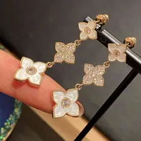 Cute Clover Gold Stud Earrings with Bling Zircon Stone Long Korean for Women Fashion Jewelry