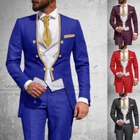 Men&#039;s Suits & Blazers Latest Royal Blue Suit Men 3Pcs Slim Fit Wedding Man Groom Tuxedo Double Breasted Gold Trim Jacket Vest Pants Set Tail