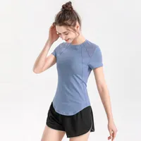Camisas de yoga para mujer camiseta de camiseta para mujeres diseñadora mujer lu thirt atbitter de malla transpirable deportivo encaje de encaje para camisetas de gimnasio S305B
