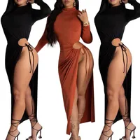 Casual Dresses ICCLEK S-L Sexy Party Club Bodycon Split Dress Woman 2021 Spring Autumn Long Sleeve Turtleneck Strapped Maxi For Women