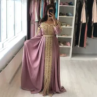 Moroccan Kaftan Formal Evening Dresses Long Sleeves Gold Lace Embroidery Appliques Sweep Train Arabic Prom Party Gowns