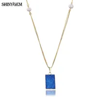 Pendentif Colliers Shinygem Style Contred Share Share Share Naturel Druzy Crystal Collier pour femme cadeau Perle Perle Placage Bezel Long Chain