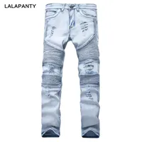 Lalapanty Jeans Jeans Jeans SLP Blue / Black Destryed Mens Slim Denim Dritto Biker Skinny Jean Men Strappato Pantaloni jeans