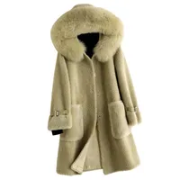 Frauenpelz-Faux (TopFurmall) Echtwolle Mantel Mantel Hoody Winter Frauen Oberbekleidung Jacke LF2149