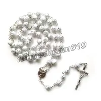 White Plastic Rose Rosary Neckalce Long Beads Strand Cross Pendant Religious Jewelry