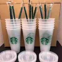 Free DHL Starbucks Starbucks 24oz / 710ml Tumbler in plastica riutilizzabile trasparente bere fondo piatto tazza tazza tazza pilastro coperchio tazza di paglia Boccale Bardian 50pcs