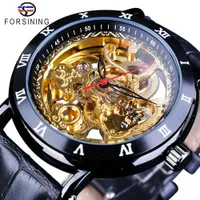Forsining Retro Flower Design Classic Black Golden Watch Genuine Leather Band Water Resistant Mens Mechanical Automatic Watches Wristwatches