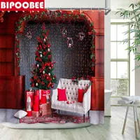 クリスマスリビングルーム暖炉プリントシャワーカーテン浴室の装飾メリークリスマスバスカーテン防水防水耐久性W220304
