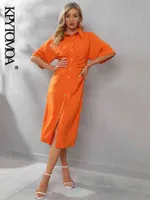 Kpytomoa Women 2021 Chic Fashion Button-up Draped Midi Shirt Dress Vintage Short Sleeve Side Zipper Female Dresses Vestidos