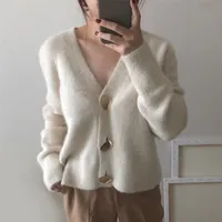 Outono inverno moda mulheres mink cashmere cardigan camisola feminina fêmea em v-pescoço de cabelos compridos cabelos compridos camisola de cashmere 211103