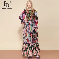 LD LINDA DELLA Fashion Runway Summer Long Sleeve Maxi Dress Women&#039;s elastic Waist Floral Print Elegant Party Holiday Long Dress 210706