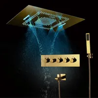 Наборы для душа для ванной комнаты 600 * 800 мм Большой полированный золотой дождевой системой термостатический кран потолок монтажный светодиодный головной дождь