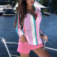 Мода-женские трексуиты Зебра полосатые напечатанные две части набор женщин Летние костюмы сексуальные верхние карманные шорты дизайна вдавливание ушко