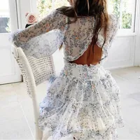 Boho inspirowane Harlow Floral Print Ruffle Dress Backless V-Neck Kobiety Mini Plus Size Damskie 2021 Party 210224