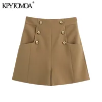 Kpytomoa النساء أنيقة الأزياء مع جيوب الزخرفية أزرار السراويل خمر عالية الخصر عودة سستة السراويل الإناث قصيرة موهير 210306