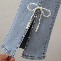 Женские джинсы девушки винтажные фея сладкие брюки высокой талии Сплит джинсовые брюки женские элегантные шикарные бисером бабочка