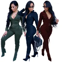 Women&#039;s Jumpsuits & Rompers Sexy Women Bodycon Jumpsuit V-neck Long Sleeve Army Green Solid Casual Bodysuit Ladies Vintage Romper1