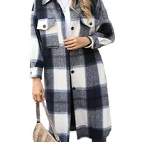 Wixra 여성 스트레이트 싱글 브레스트 칼라 롱 코트 격자 무늬 캐주얼 스타일 여성 포켓 양모 겉옷 가을 겨울 220118