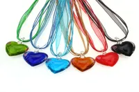 Wholesale 6pcs Handmade Murano Lampwork Glass Mixed Color Heart Pendants Silk Cords Necklace