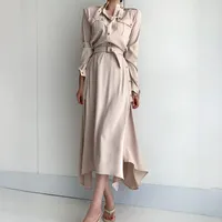 Vestidos casuais 2021 Coréia chique elegante lapela bolso decorativo lace-up cintura de tenda vestido de ferramentas manga longa feminina