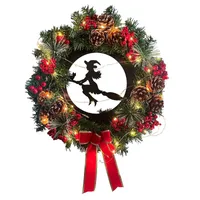 Decorative Flowers & Wreaths Lighted Christmas Scene Wreath Decoration Glowing The Witch Rides In Middle Of Garland Happy Halloween