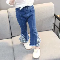 Jeans garotas garotas inflamadas fino trecho slim lace denim boot corte calças criança casual cintura elástica sino fundo longo calças coreanas