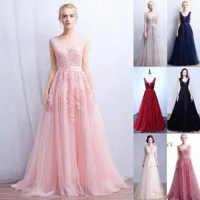 DHL Vestidos de Novia Long Tulle Evening Dresses Sexy Sexy Deep-V Neck Backless 리본 벨트 Appliqued Prom Gowns CPS304