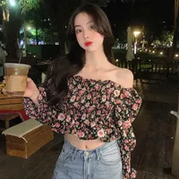 Women's Blouses & Shirts 2021 French Style Women Floral Print Summer Slash Neck Slim Tops Fashion Cropped Top