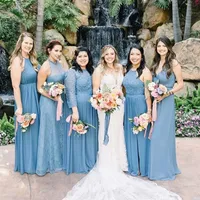 Koronki Druhna Dresses Blue Crew Dekolt Linia Szyfonowa Długość Długość Honor Honor Wedding Party Suknie