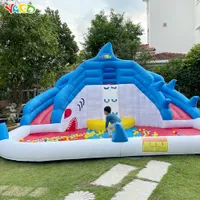 Jardim tubarão salto casa inflável bouncer slide splash splash piscina jogo brinquedos ao ar livre com ventilador