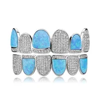 Hip Hop Gold Plated zircon braces with sky blue opal gem teeth Grillz Men Women's Top&Bottom Grills Set