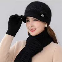 Women Casual Winter Hat With Brim Outdoor Keep Warm Suit Scarf And Gloves Set For Female Street Thick Knitted Bucket 220118
