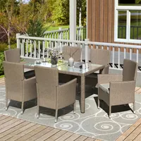 US STOCK U_STYLE Outdoor Wicker Dining Set 7 Piece Patio Dinning Table Beige-Brown Wicker Furniture Seating a59
