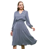 Casual Dresses Women Vintage Dress Tiered A-Line Long Sleeves V-Neck Elastic Waist Solid Elegant Party Street Wear Lady