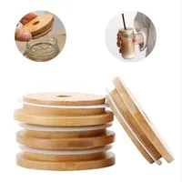 Tampa de tampa de bambu 70mm 86mm reutilizável frasco de madeira do maçon com buraco de palha e selo de silicone boutique 25
