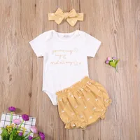 Conjuntos de ropa 0-18m Sweet Infant Baby Girl Letra de manga corta Romper Top + Sun Imprime Triangle Shorts + Diadema Soft Cotton Trajes