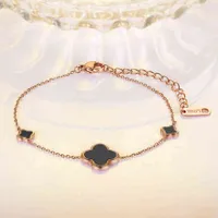 Korean Version of 18k Rose Gold Four-leaf Clover Bracelet for Girls Black Epoxy Titanium Steel Jewelry