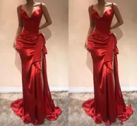 Eleganckie Red Długie Suknie Wieczorowe 2021 Sweetheart Mermaid Formalna sukienka Prom z rozcięciem Sweep Pociąg Zipper Side Split Evening Suknie Satynowa Łuk