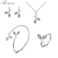 Anenjery 925 sterling silver set orecchini a foglia opale + anello + collana + braccialetto per le donne gioielli estivi