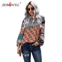 Seowbowel мода женская цветочная печать блузки с длинным рукавом лоскутные топы женские леди весна осень шифоновые рубашки S-XXL