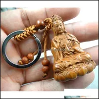 Keychains Fashion Accessories Natural Mahogany Three-Nsional Engraving Guanyin Barrel Keychain Buddha Key Ring Jewelry Gift For Men And Wome