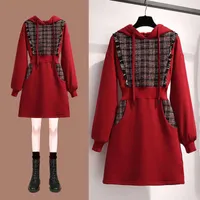 캐주얼 드레스 Junsrm Plus Velvet 긴팔 2021 가을과 겨울 스티치 중간 길이 두건이있는 스웨터 드레스