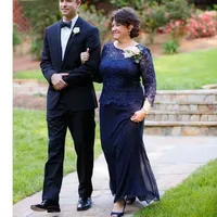 2021 Navy Blue Mother Of The Bride Dresses Scoop Long Sleeves Lace Appliques Chiffon Formal Evening Prom Wedding Party Guest Gowns Custom