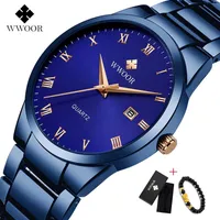 Wristwatches WWOOR Black Blue Watch Men Luxury Analog Display Date Waterproof Stainless Steel Quartz Mens Watches Male Wristwatch Clock 2021